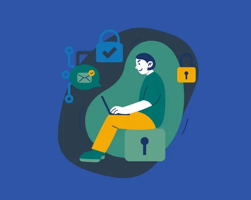Ilustracja osoby korzystającej z laptopa z symbolami kłódki i wiadomości e-mail – koncepcja bezpieczeństwa online, ochrony danych i komunikacji cyfrowej.