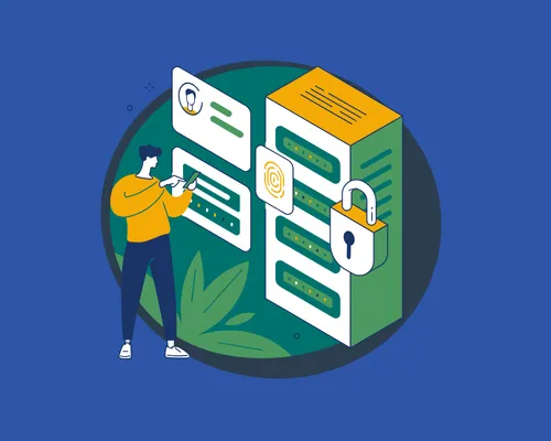 Ilustracja przedstawiająca ochronę danych, serwer z kłódką oraz użytkownika zabezpieczającego konto online – koncepcja cyberbezpieczeństwa i prywatności w internecie.