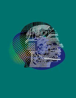 Sylwetka człowieka z układem elektronicznych obwodów symbolizująca cyberpsychologię, wpływ technologii na myślenie i zachowanie człowieka.