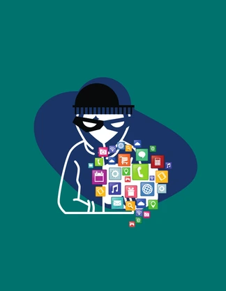 Ilustracja przedstawiająca cyberprzestępcę oraz symbole aplikacji i usług cyfrowych, obrazująca oszustwa internetowe i zagrożenia w sieci.